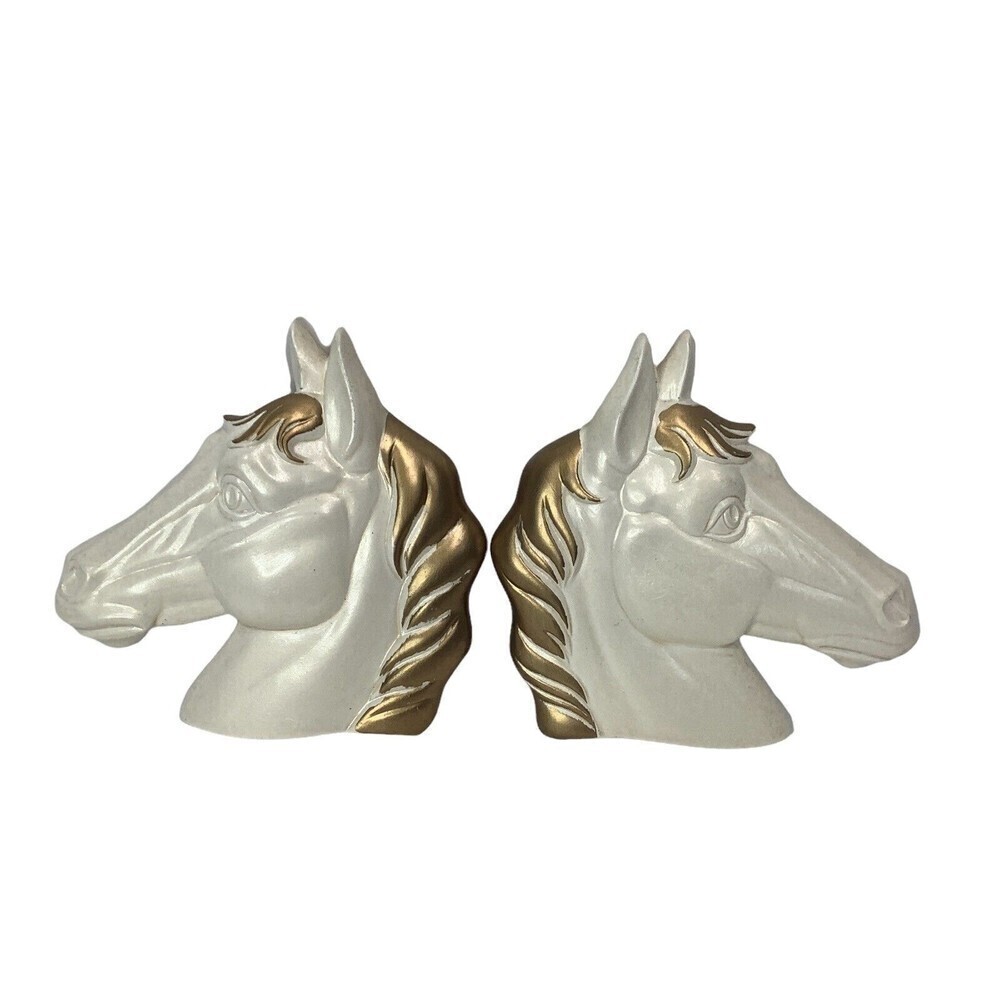 VTG 2 Miller Studio Chalkware Horse Head Wall Décor Plaque‎ 1977 MCM White Gold